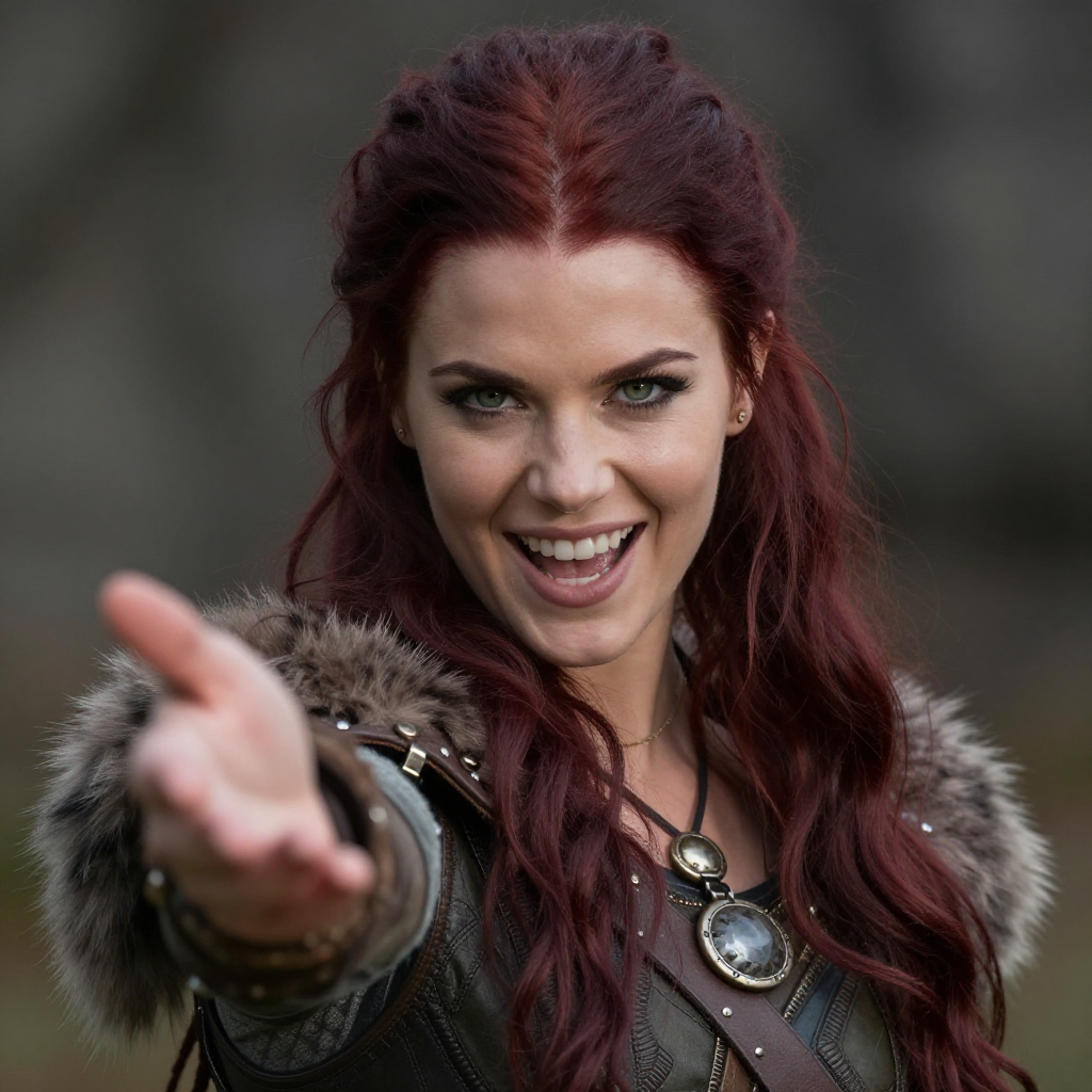 Beautiful sexy Viking girl, dark red hair, green eyes, flirting, inviting,
