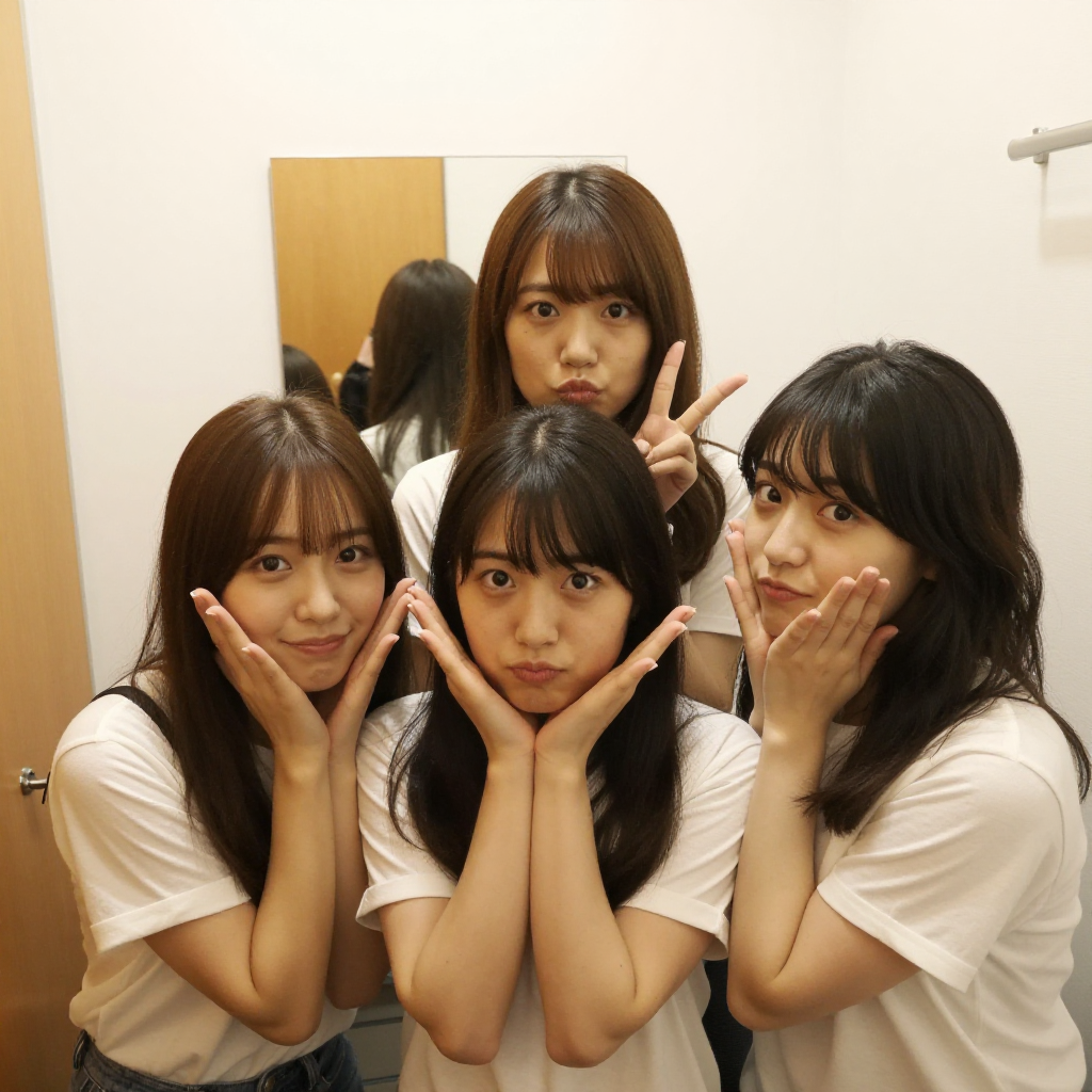Three young Japanese women pose playfully in a changing room with mirrors, in a candid intimate style.