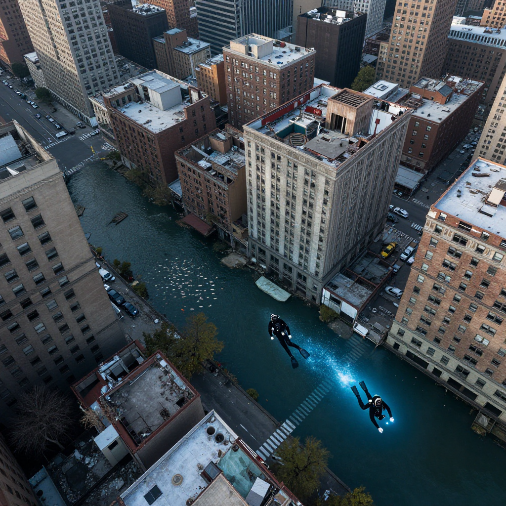Ciudad parecida a NY en una vista aérea en diagonal, en ruinas y completamente bajo el agua, y que se vean bancos de peces entre los edificios y un buzo con traje completo nadando entre las calles