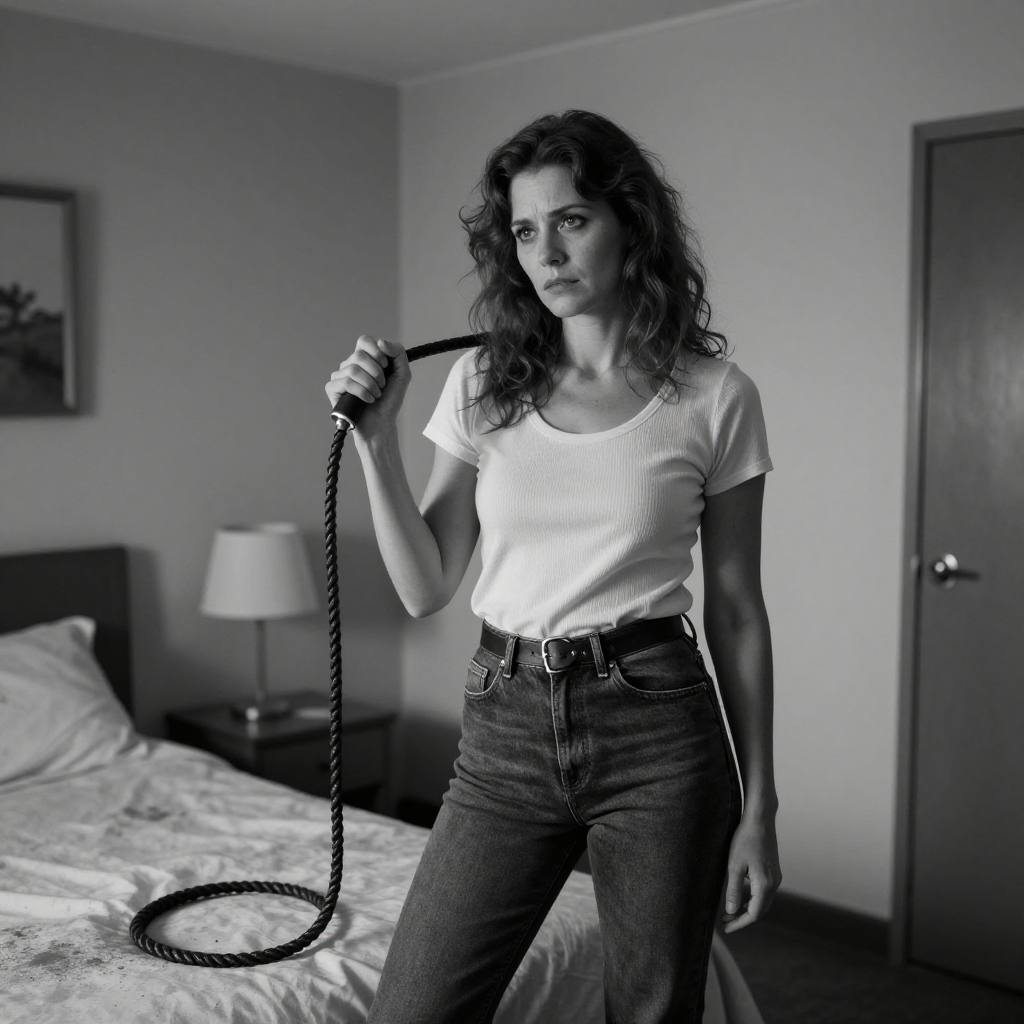 A black and white photograph of a 40-45-year-old woman in a dilapidated 1980s motel room, holding a whip in a sad, introspective pose.