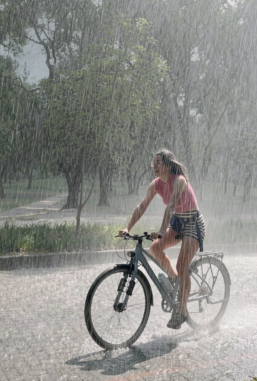 lloviendo fuerte, mujer en bicicleta empapada