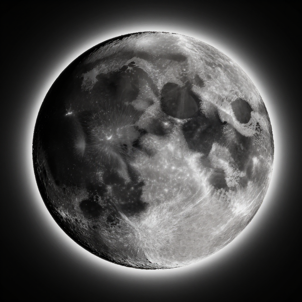 A high quality and detailed textured black moon with a brilliant halo around it in a deep black starred space