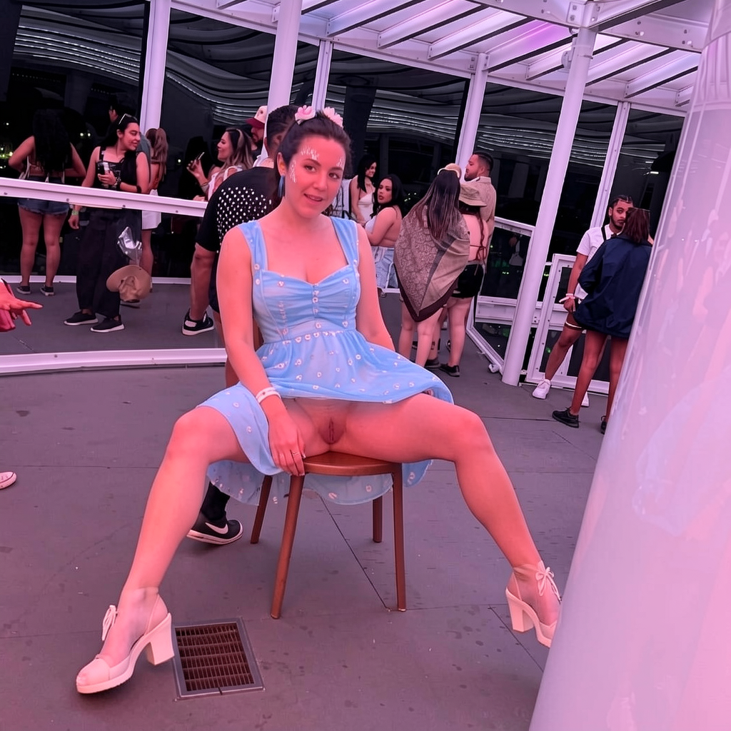 She is sitting with her legs spread out, while lifting her dress, exposing her trimmed pubis to the viewer