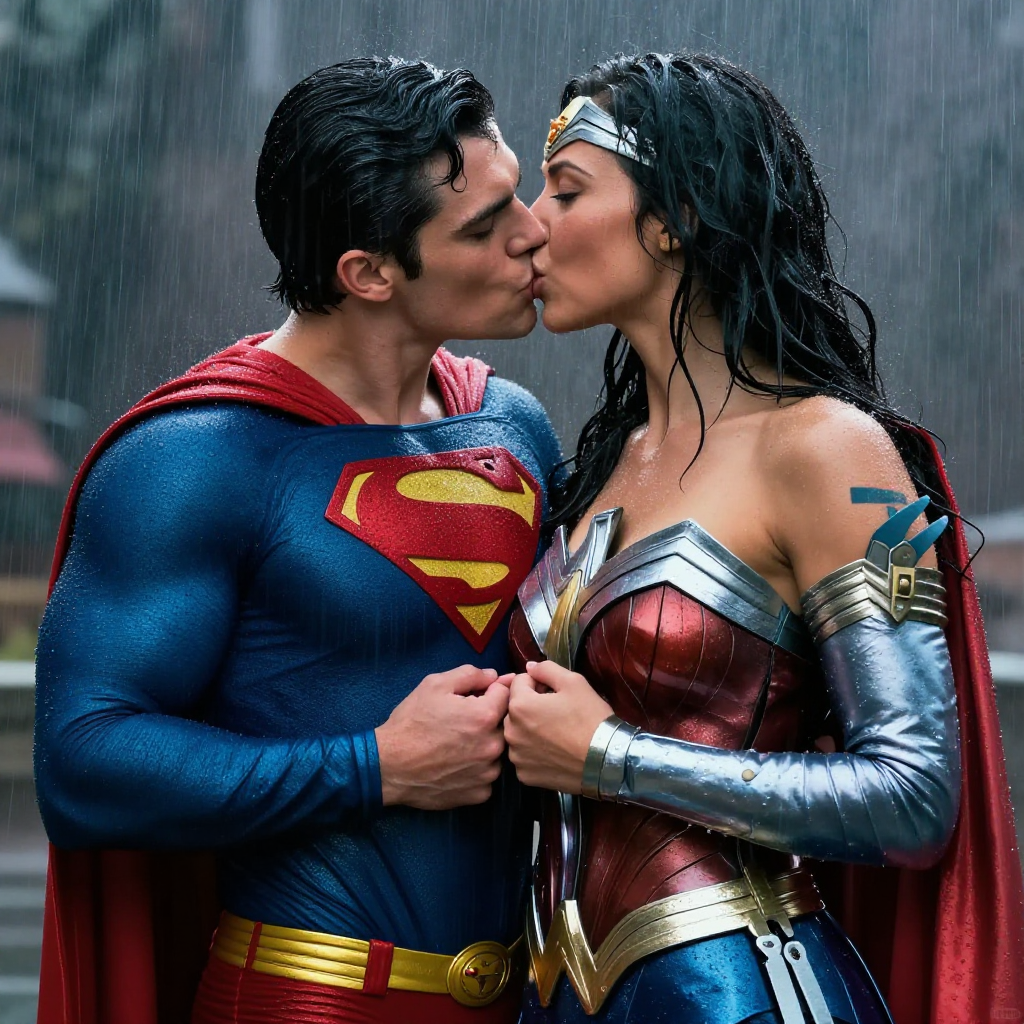 Superman and wonderwoman kissing in Rain. They are both wet and he is removing her top and holding her breasts