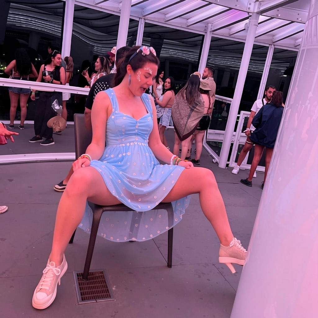 She is sitting with her legs spread out, lifting her dress, exposing her trimmed pubis to the viewer. Do not change the features of her face.