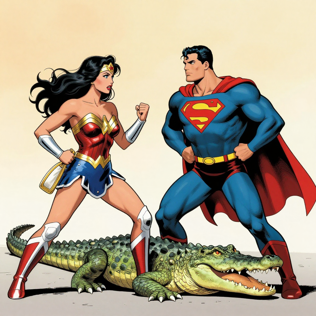 Old version of wonder woman and superman fighting a big crocodile