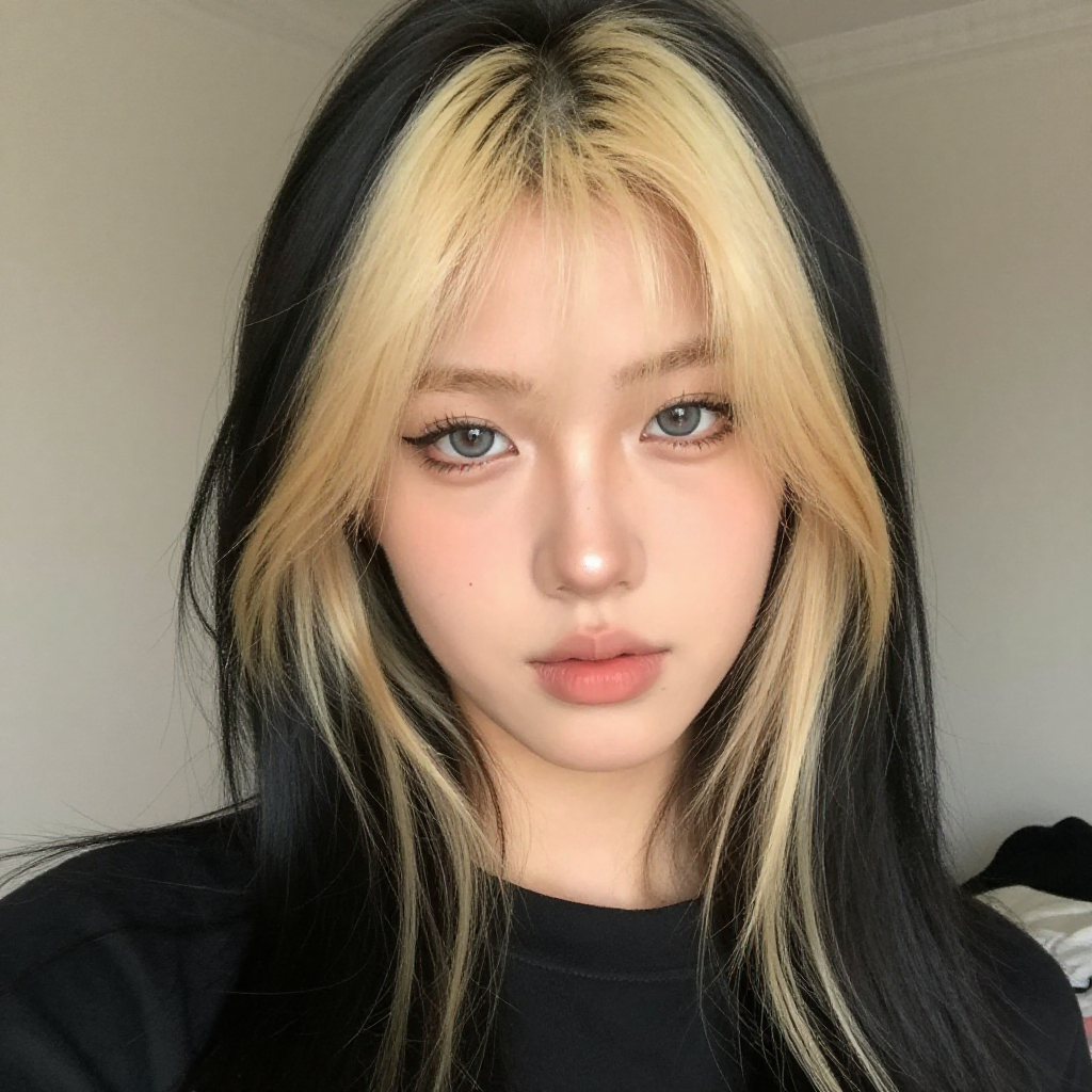 A casual photo of a 25-year-old European e-girl with half black hair and half blonde hair, straight bangs. TikTok makeup.