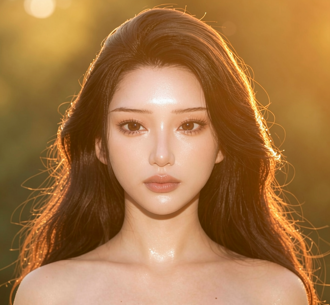 Maintain same exact body shape. Maintain same exact facial features. warm golden hour lighting that looks like the second reference. Keep shininess