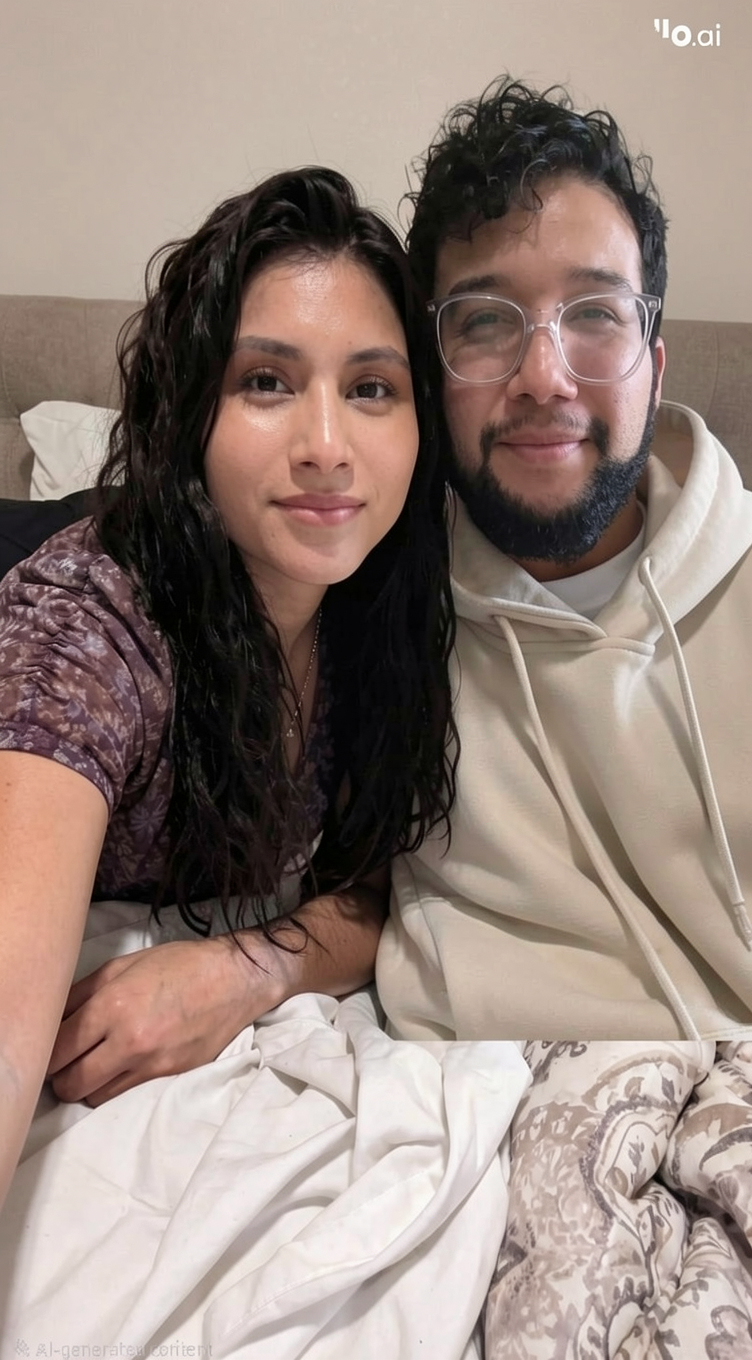 He's sitting down and she's sitting on his lap. Both looking into the camera