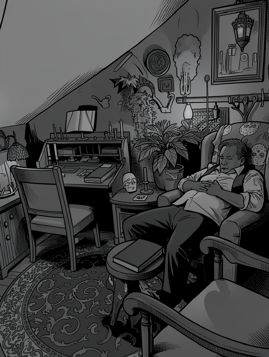 Keep this art style but make it black and white and simplify where possible without changing position or context of items and people. Dim the lighting of the scene to match original image.