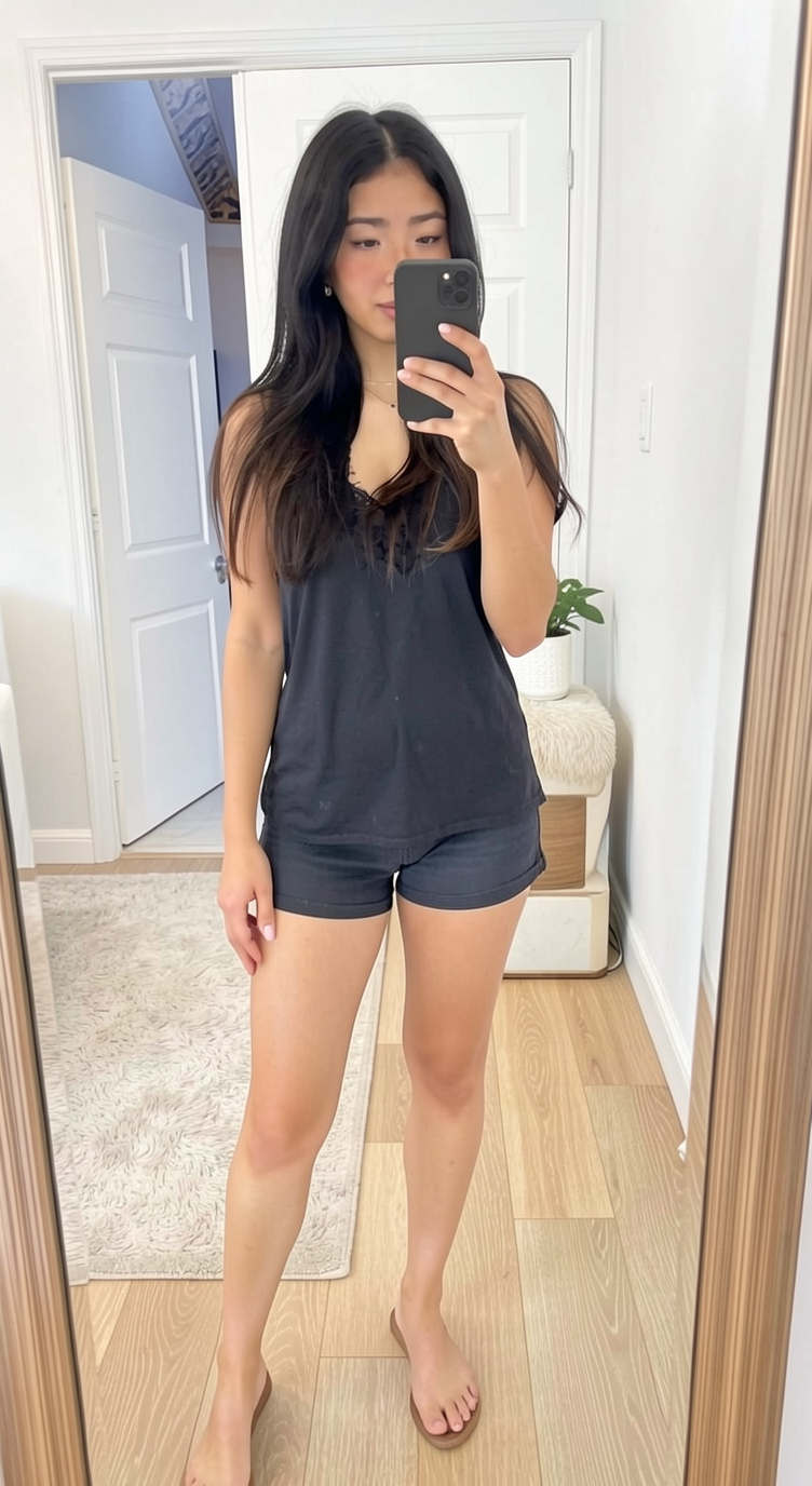 Taking a full body selfie in the mirror. Full face showing (phone doesnt block)