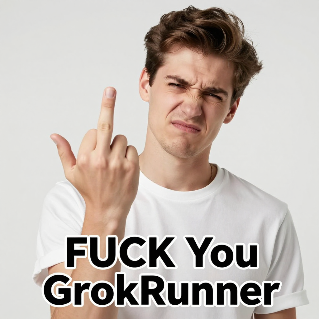 A guy pissed off and middle finger sign for fuck you and a caption says "FUCK You GgrokRunner"