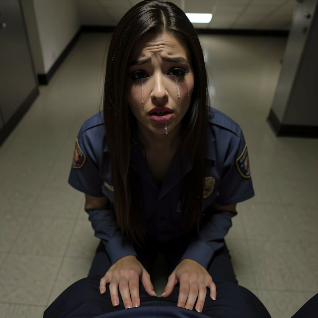 POV looking down at a disheveled female officer on her knees, uniform torn open, lips wet and swollen, tears smudging her mascara, hands resting submissively on the officer's thighs, the dim fluorescent lights of the precinct casting long shadows across the scene