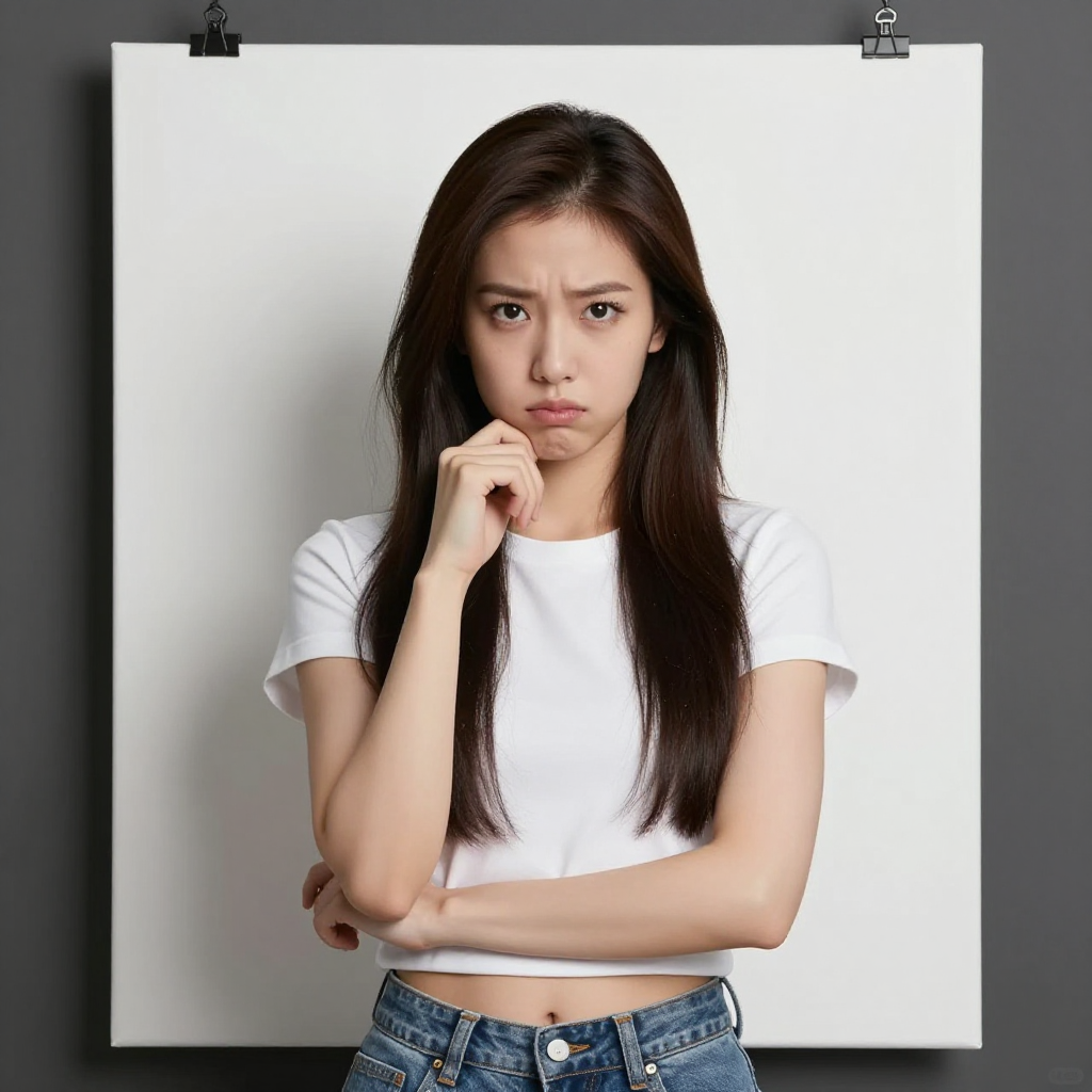 A desperate woman who used to be attractive but just doesn't have the time to work out anymore stands in front of a washed-out photo canvas posing awkwardly for her work ID photo at a job she doesn't want.