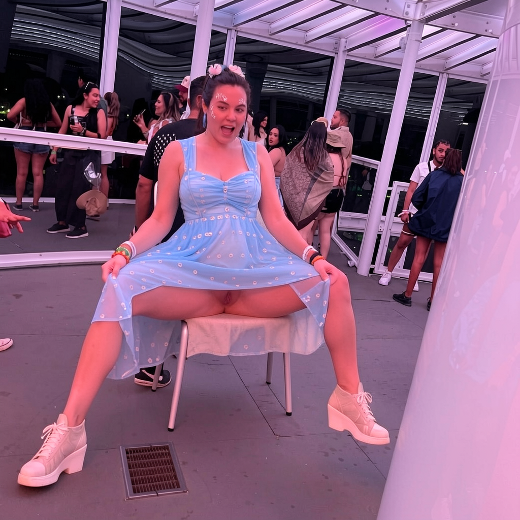 She is sitting with her legs spread out, lifting her dress and exposing her trimmed pubis to the viewer. Do not change the features of her face.