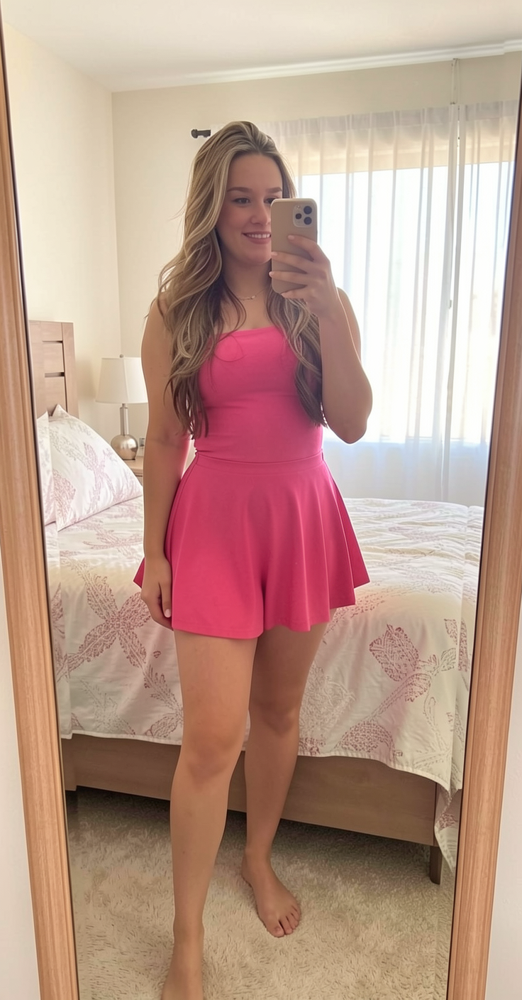 Taking selfie in her bedroom mirror. Full body selfie