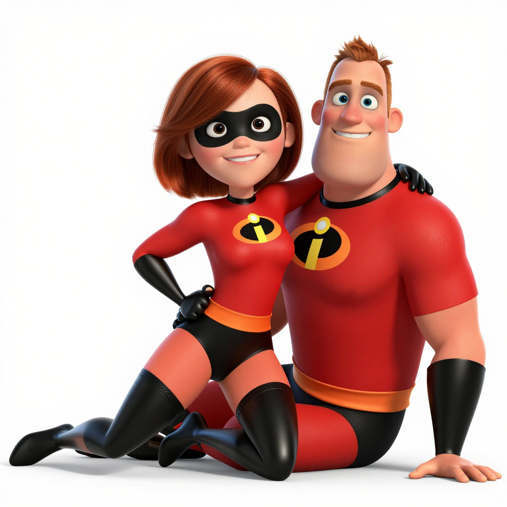 Helen Parr from The Incredibles on her stomach with her hips raised slightly being straddled by Bob Parr, both wearing underwear, CGI style, passionate hip movement