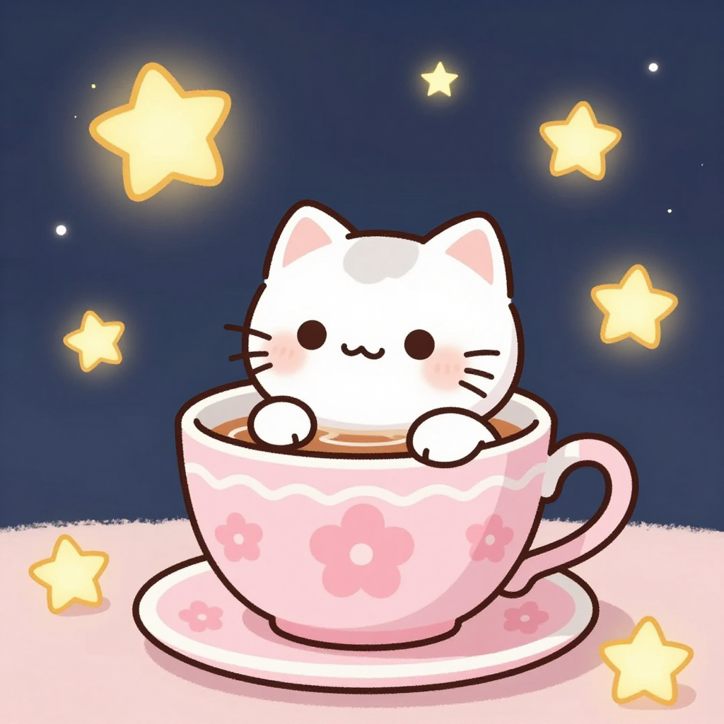 "Um gatinho sorridente dentro de uma xícara gigante de chá, rodeado por estrelas brilhantes e nuvens cor-de-rosa, estilo desenho animado kawaii" 🌸🐱☕✨
