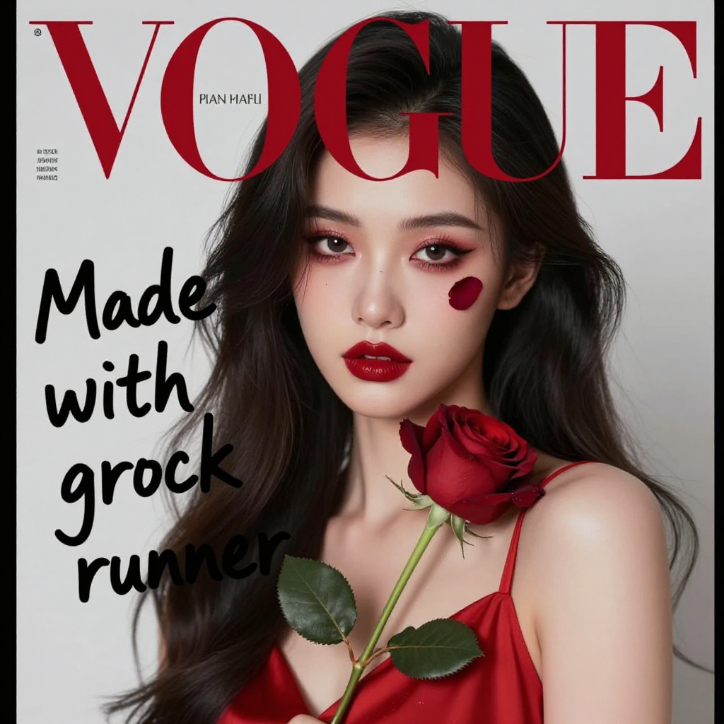A fashion magazine cover with beautiful model girl wearing red dress and heavy makeup with dark red rose themed, with a writing on the  cover it says "Made with grock runner". vogue magazine style, realistic image, cinematic shot, 4k texture