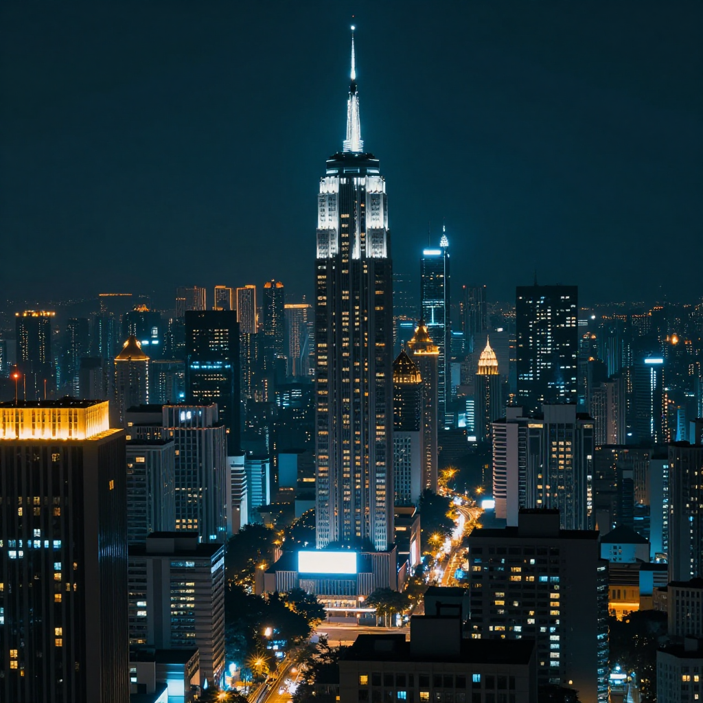 Uma cidade cyberpunk à noite com luzes neon