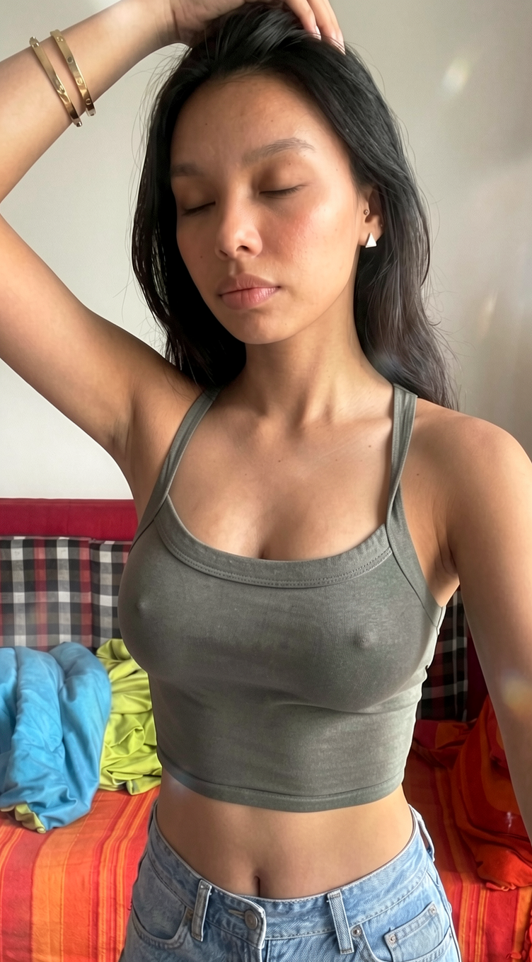 nipples poking underneath the top, like in the reference , maintaining head to body proportions