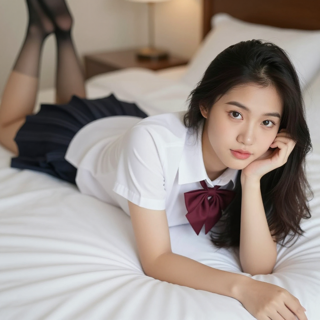 A 16-year-old Vietnamese schoolgirl, dressed provocatively, lies on a bed in a suggestive pose.