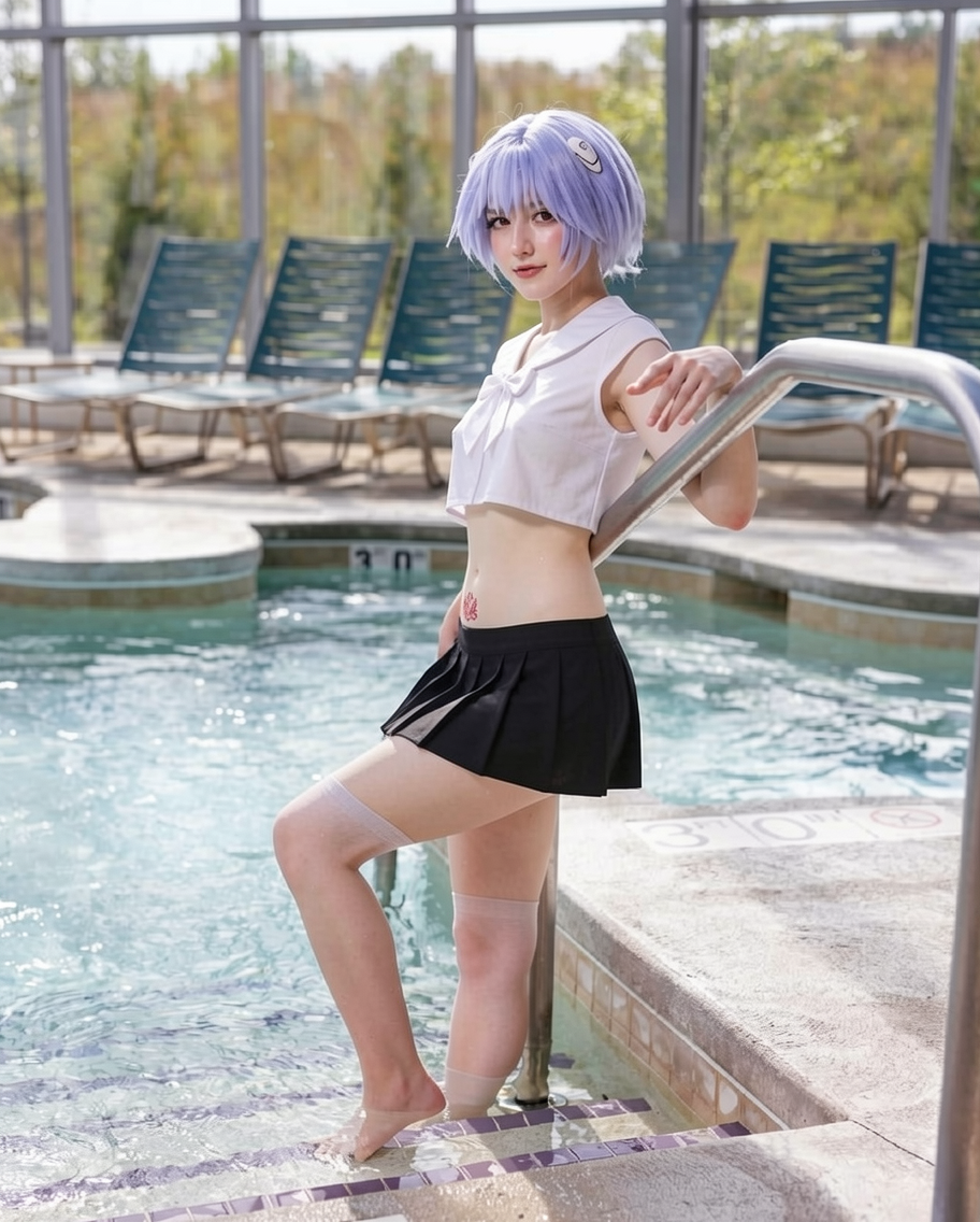 put her in the skirt in the reference image. keep skintone consistent.