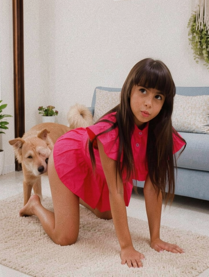 She is on all fours on the floor, behind her a dog is penetrating her