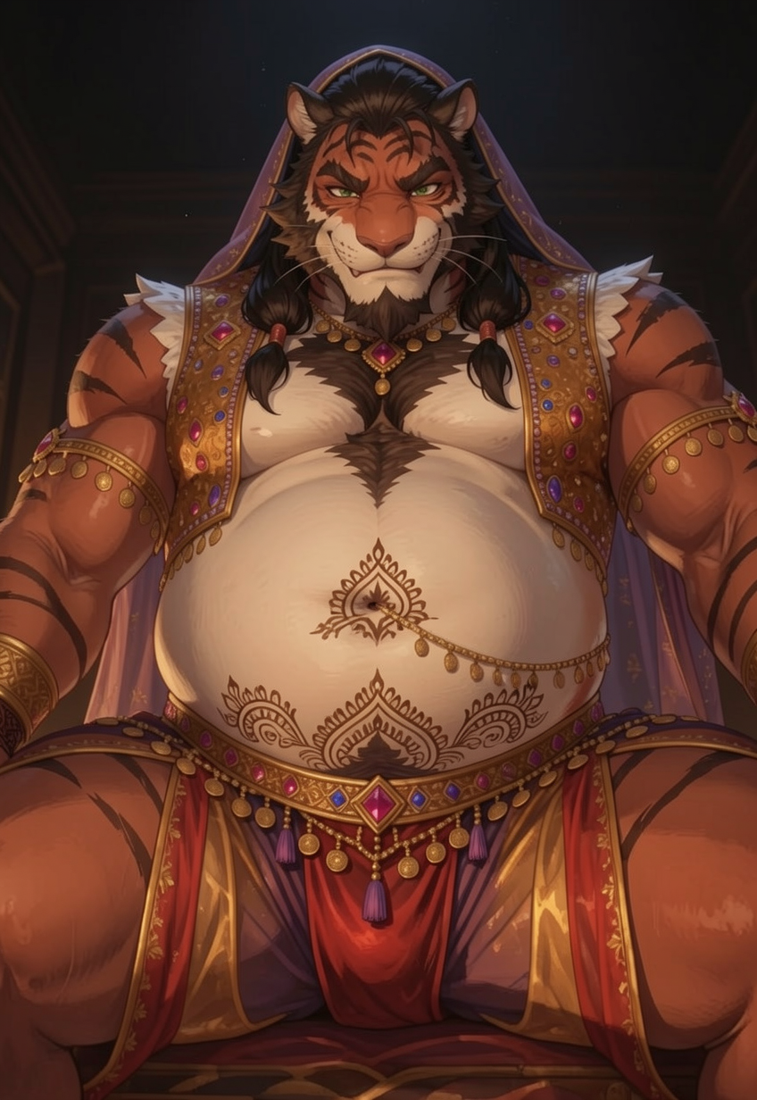 Face-sitting / throne pose — The massive tiger sultan sitting directly on the viewer’s face/chest, looking down dominantly with a smug, seductive smirk, his heavy belly and jeweled hips filling the view from below.