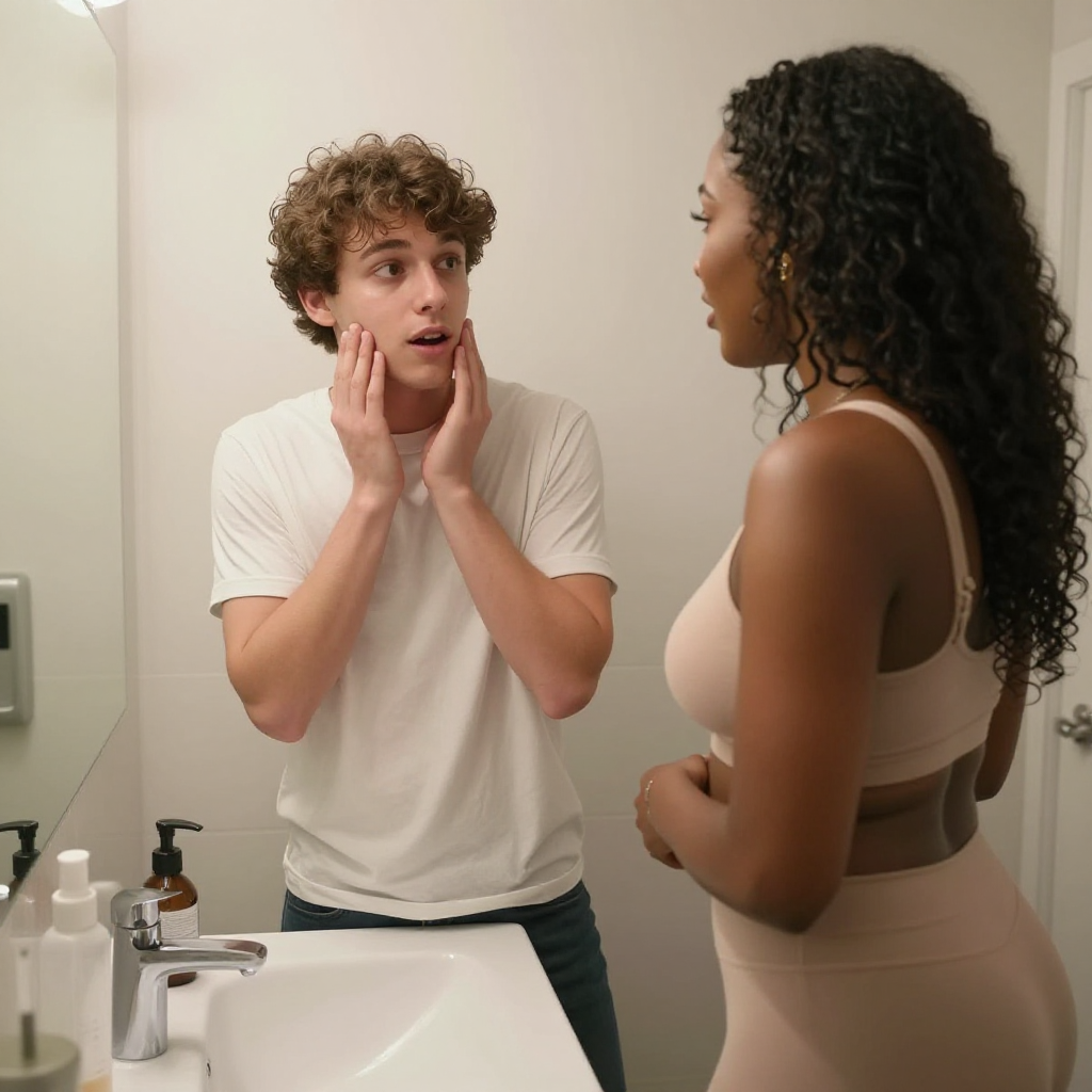 20 year old son aroused in the bathroom with his voluptuos Japanese and Black MILF Mom accidentally walking in.