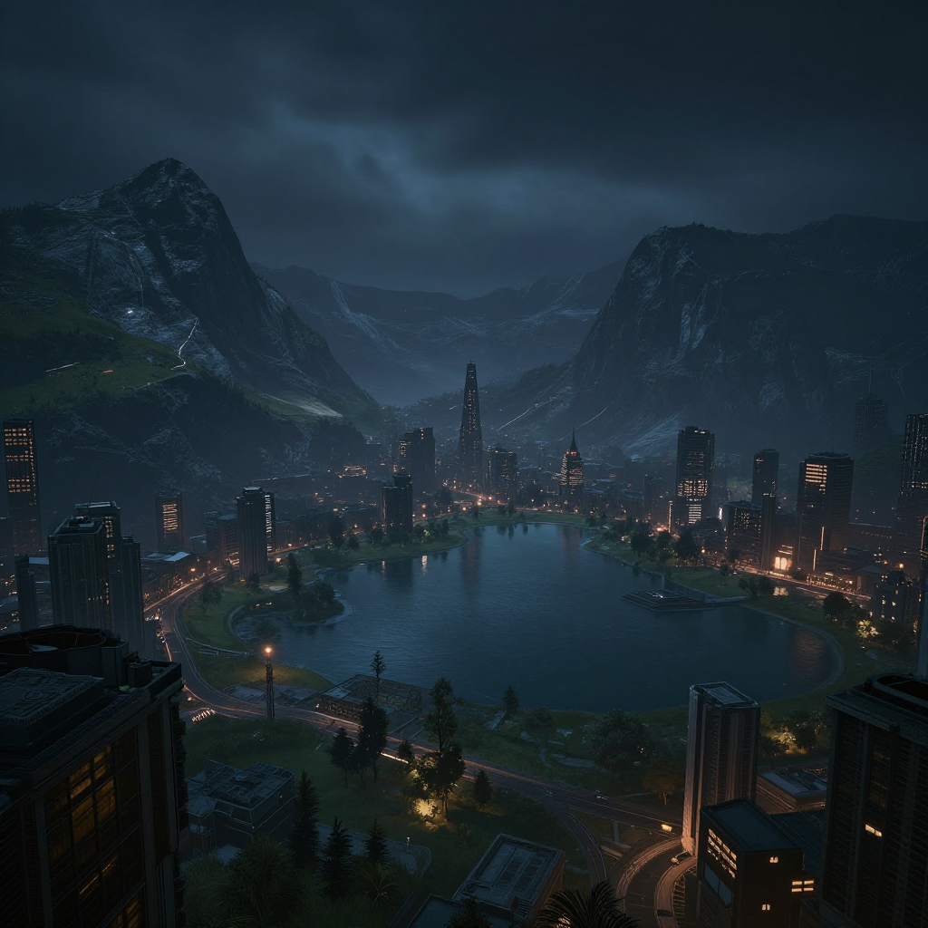 A beautiful night landscape with mountains and a lake, with a cyberpunk 2077 city in view