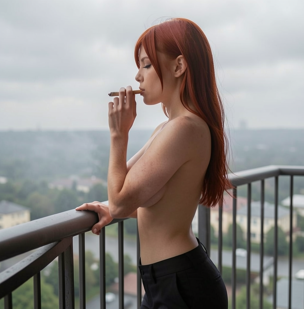 Generate a side view of her smoking a cigarette on her balcony during an overcast day.