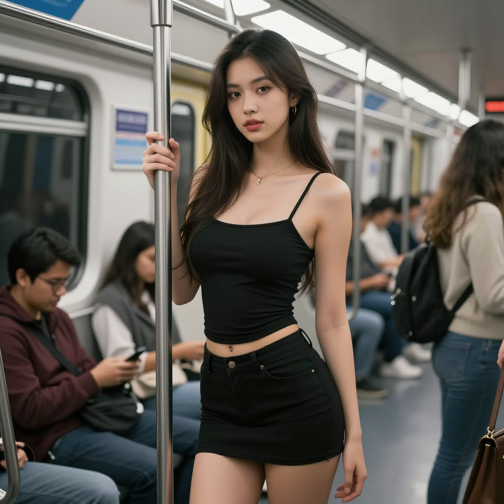 Una chica asiatica blanca petit hermosa y vestida eroticamente, sosteniéndose muy sexy de un tuvo adentro de un vagón del metro de méxico. Hay otras personas normales en el metro. Foto realista.