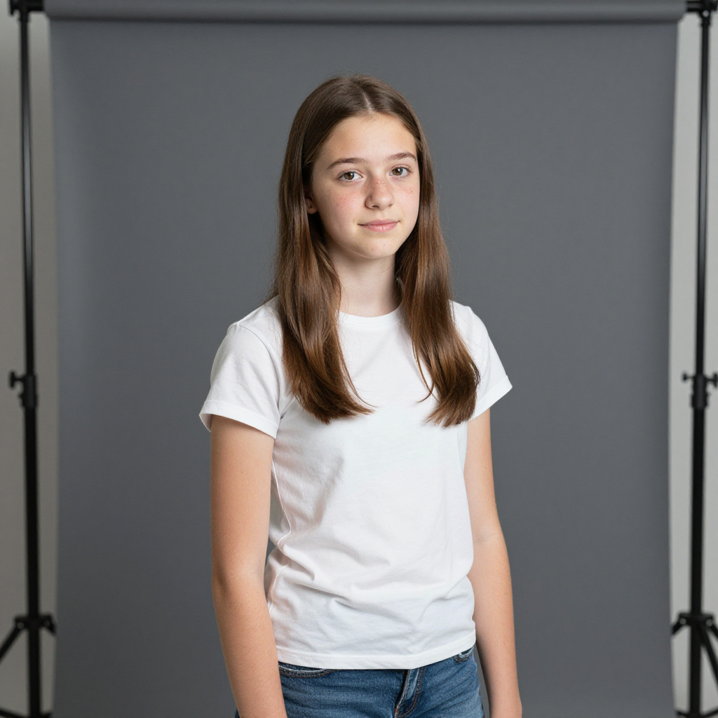 14-year-old Shawna poses standing awkwardly for her school picture in front of a canvas photo background.  She is a typical 14-year-old with a pretty face and mild acne.