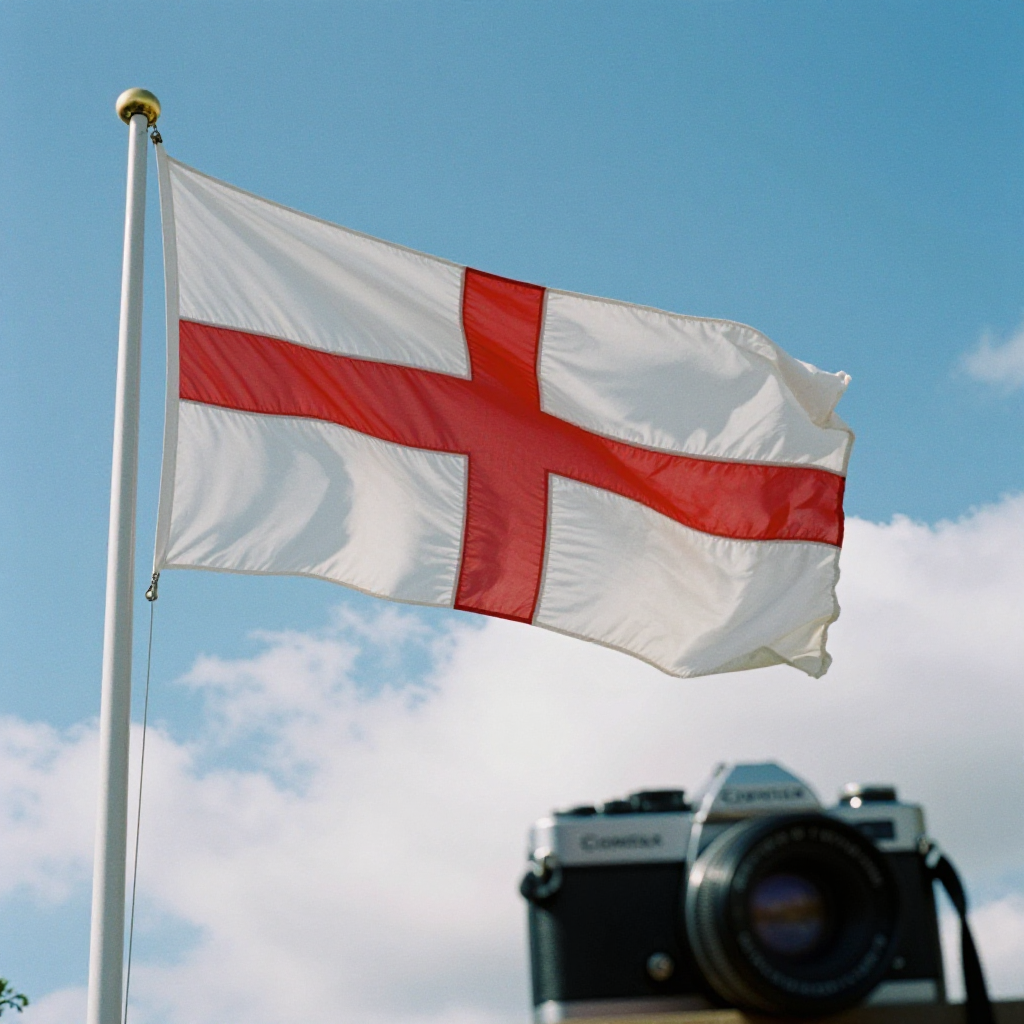 Create a photorealistic image of an England flag blowing in the breeze with the blue midday sky behind it and a scattering of white clouds on a sunny day. The photo was shot on 35mm film using a Contax G2 camera.