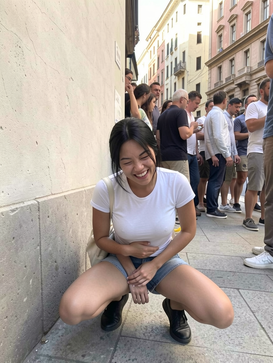 she hides from a crowd right at the junction of a wall. squatting with knees far apart. the crowd is clearly visible. she is hidden from the crowd. teasing and touching her own body. provocative. embarrassed, but happy and smiling.