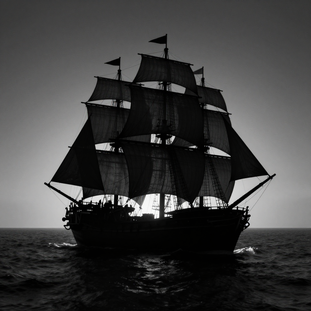 Agujero negro con el horizonte de eventos visible, sobre el horizonte de eventos la silueta de un barco antiguo de velas