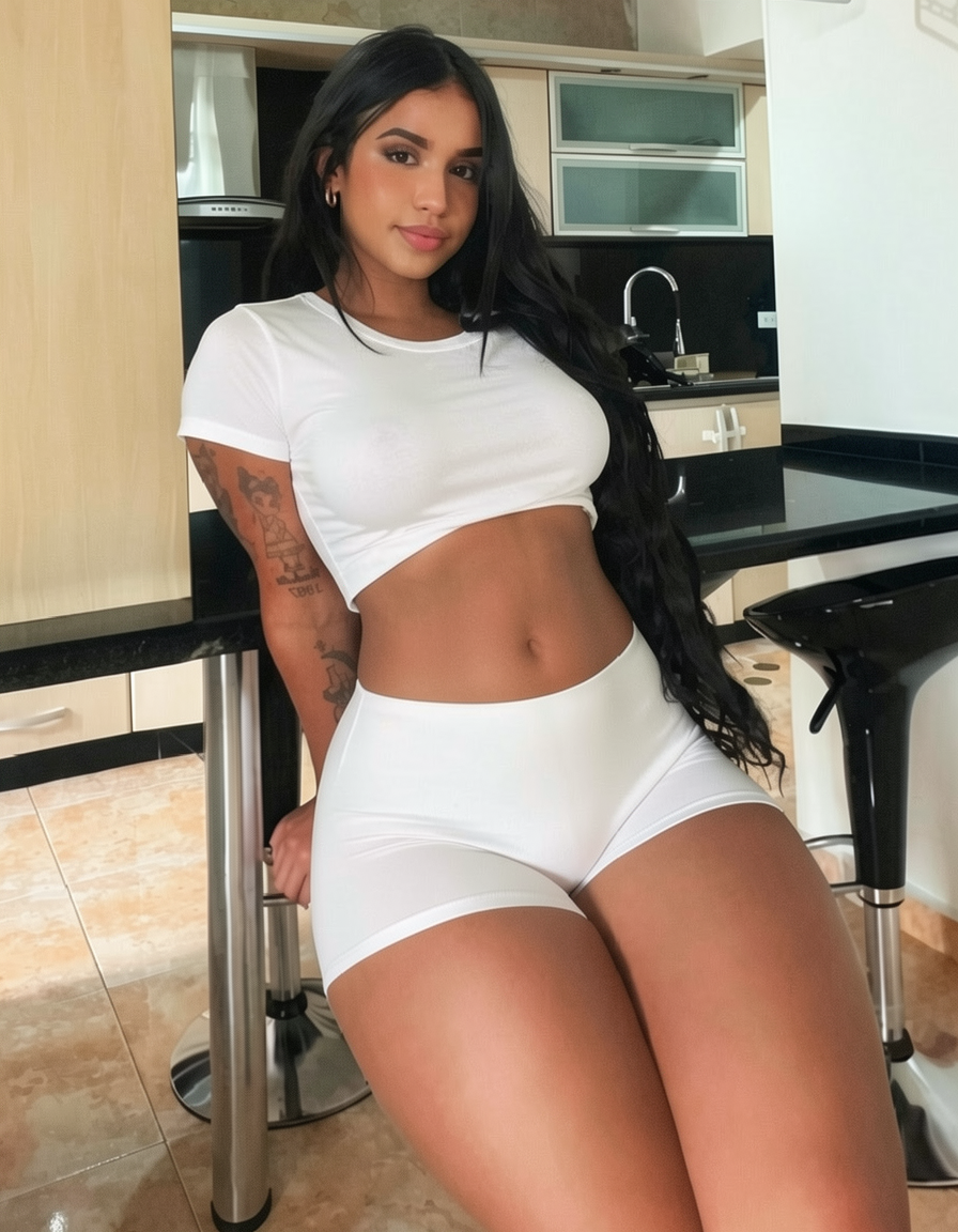 Cambia top por blusa corta cubierta blanca ,su short blanco queda intacto