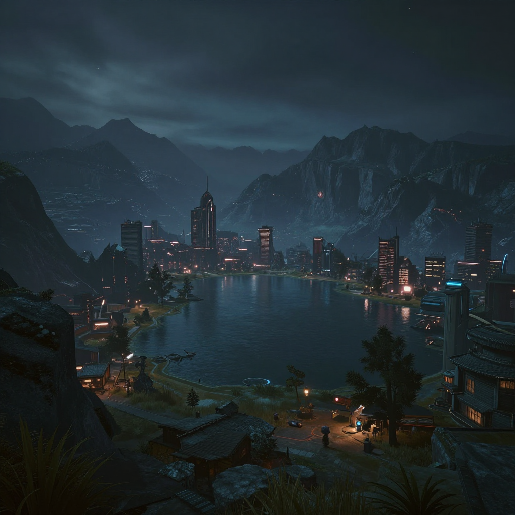 A beautiful night landscape with mountains and a lake, with a futuristic cyberpunk 2077 city in view