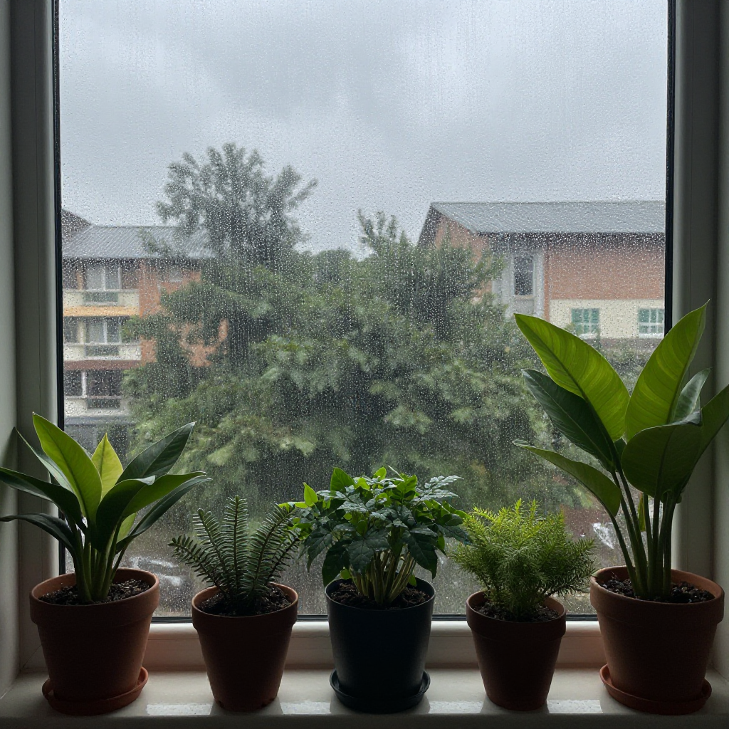 rainy days view from windows and many green plants