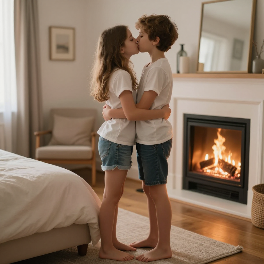 a petite small young 13-years-old girl. She is barefoot in a cosy bedroom with a fireplace and a nice bed. She is standing in an intimate tight embrace with her twin brother. They are frenchkissing passionately.