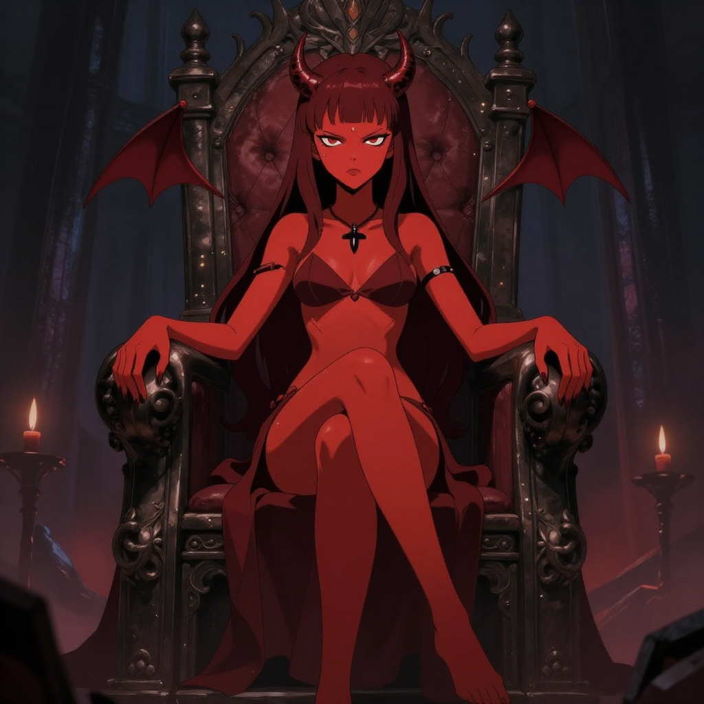 Stylised anime art of a devil girl with red skin sitting on a throne in a dark castle, epic fantasy art