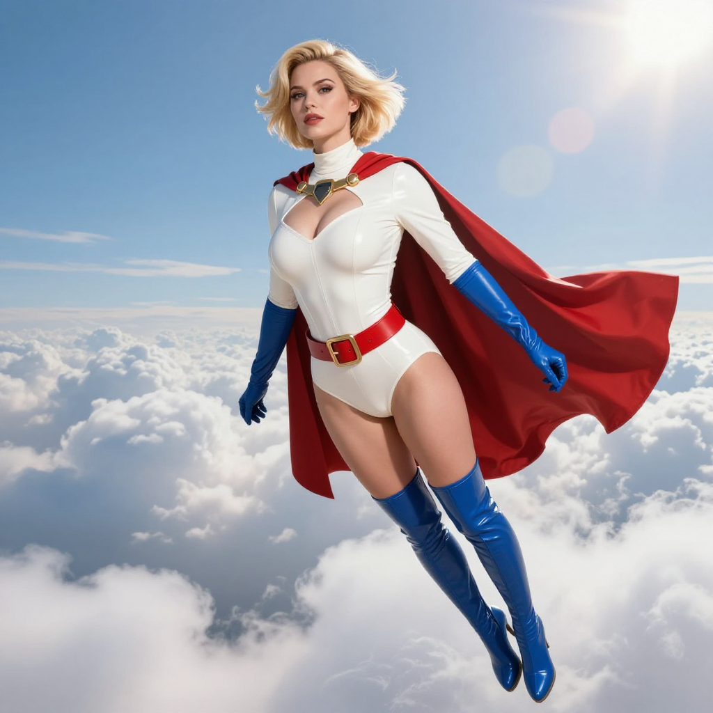 powergirl, big breasts, short asymmetrical blonde hair, thigh high latex white leotard, turtleneck, boob window, cleavage, blue gloves, blue kneehigh highheeled boots, loose red belt, short red cape, comicbook style, flying, clouds, lens flare