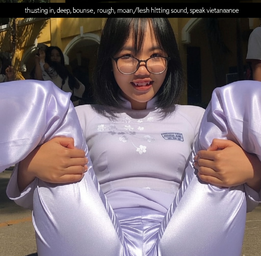 with a black horizontal stripe banner at the absolute top of screen containing small white text caption: "thrusting in, deep, bounce,rough, moan,flesh hitting sound, speak vietnamese".