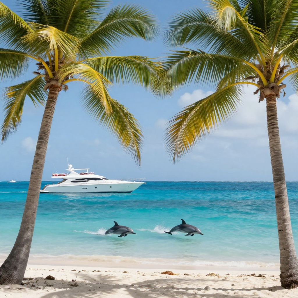 A tropical island in the Bahamas with palm trees, the yacht is of the one side, dolphins swimming in the ocean, photorealistic