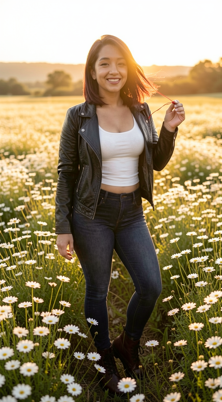 She’s standing in a field of white daisies, golden hour, the daisies are being blown by a gentle breeze. A red thread is tied around her right pinky finger and is being blown by the breeze. She smiles into the camera.
