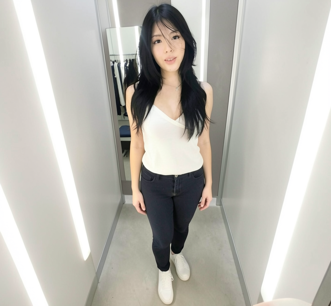 produce an image of her full body from head to toe with the context of the image being from a selfie point of view, shot inside a dressing room with bright uniform lighting