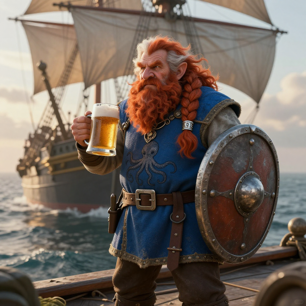 Create an Fantasy Image for a Dungeon an Dragons Character. A elderly male Dwarf with red bushy hair with white strains falling over his shoulders. His full beard is red and knotted to a single long    Braid with silver clasps. He wears a blue tunic with an octopus emblem. In one hand he holds an iron tankard filled with beer. In the other hand he holds a Iron Shield. His facial expression is a bit grim but also a bit drunk. He stands on a leaning agains a railing of a large sailingship. looking towards the ocean in golden hour.