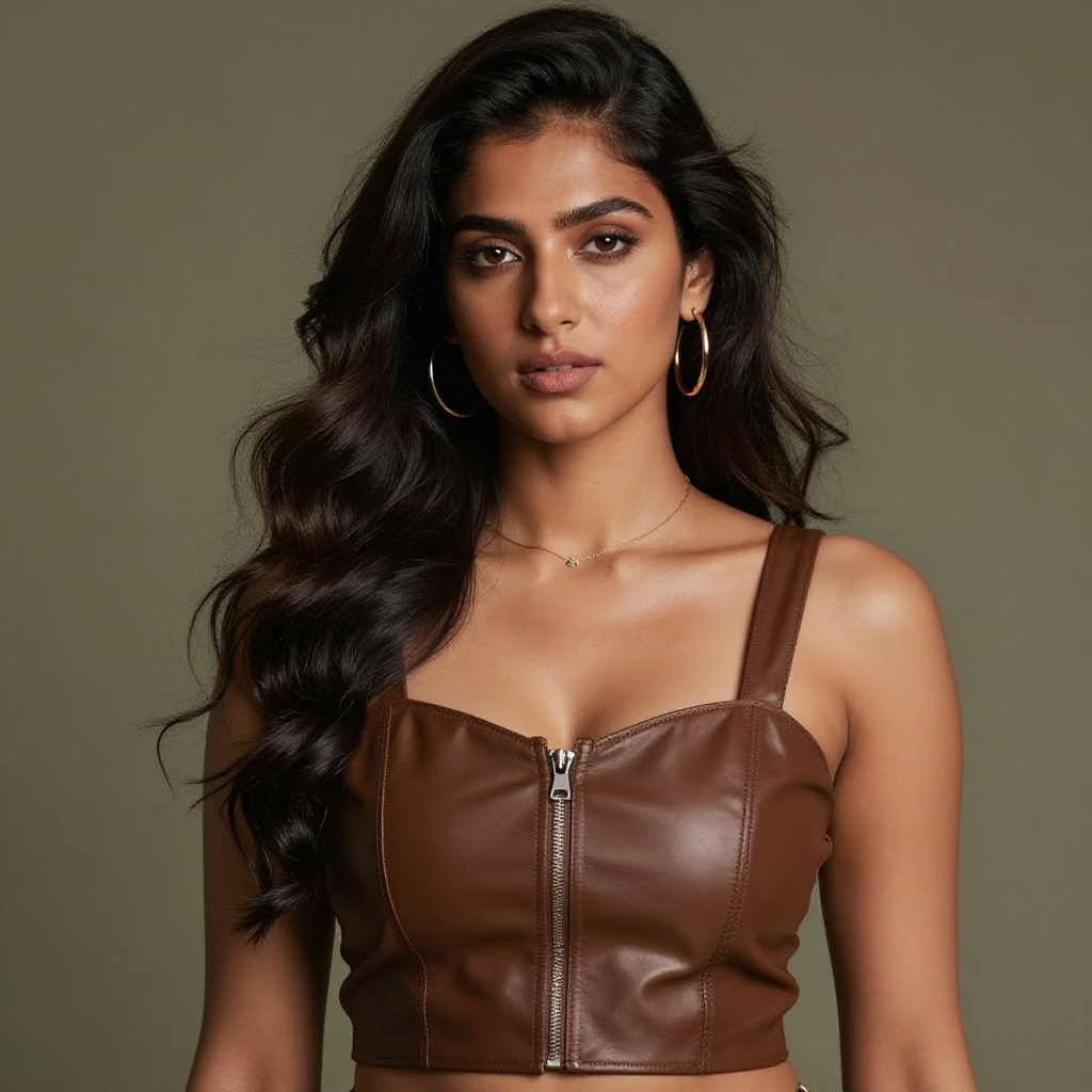 une femme sexy indienne à peau noire foncé avec une tenu marron cuir et dentelle