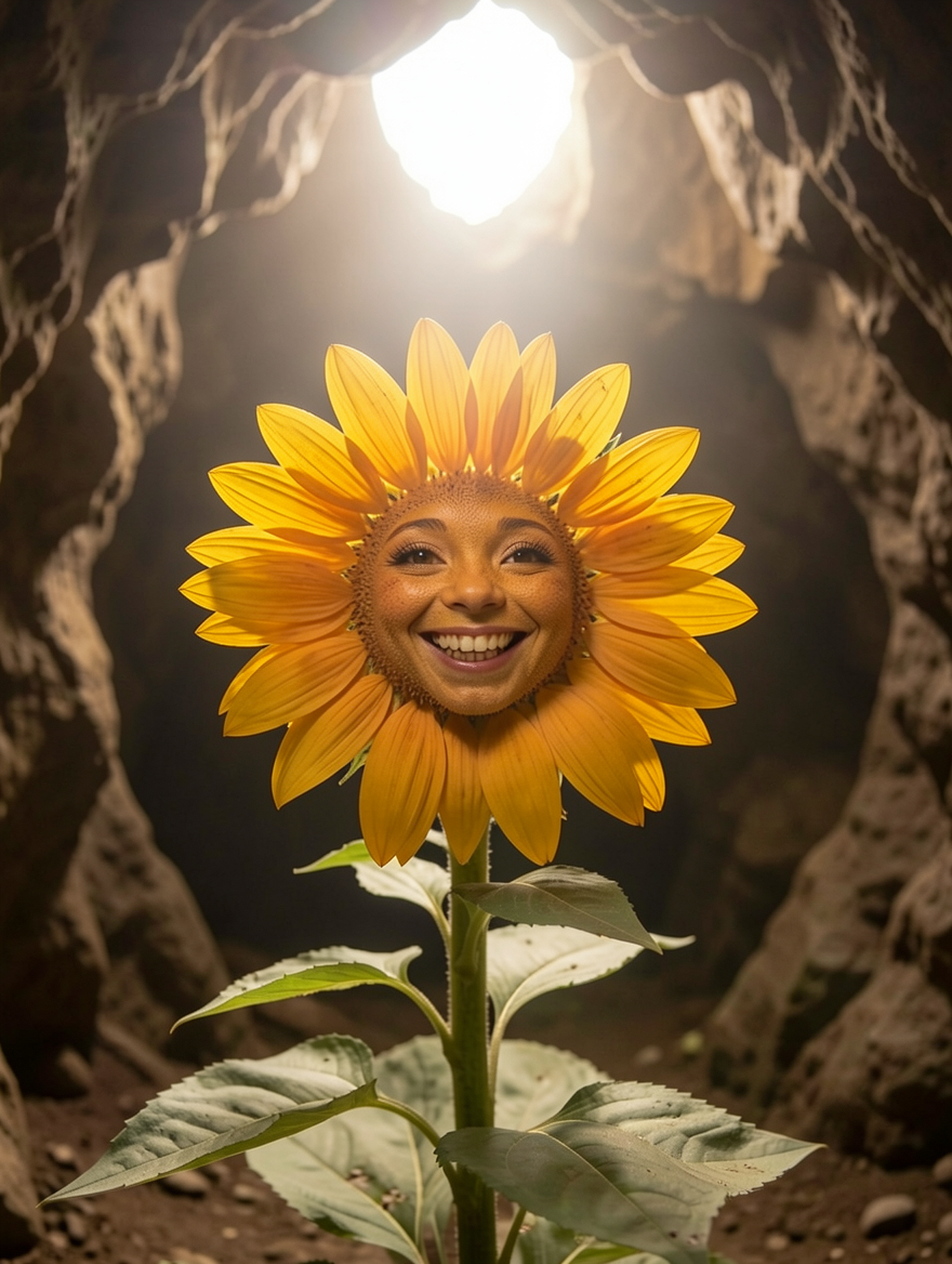 A real life version of this flower smiling to the camera, as if someone took the photo of this flower inside a cave. A bright light comes from the ceiling iluminating the flower.